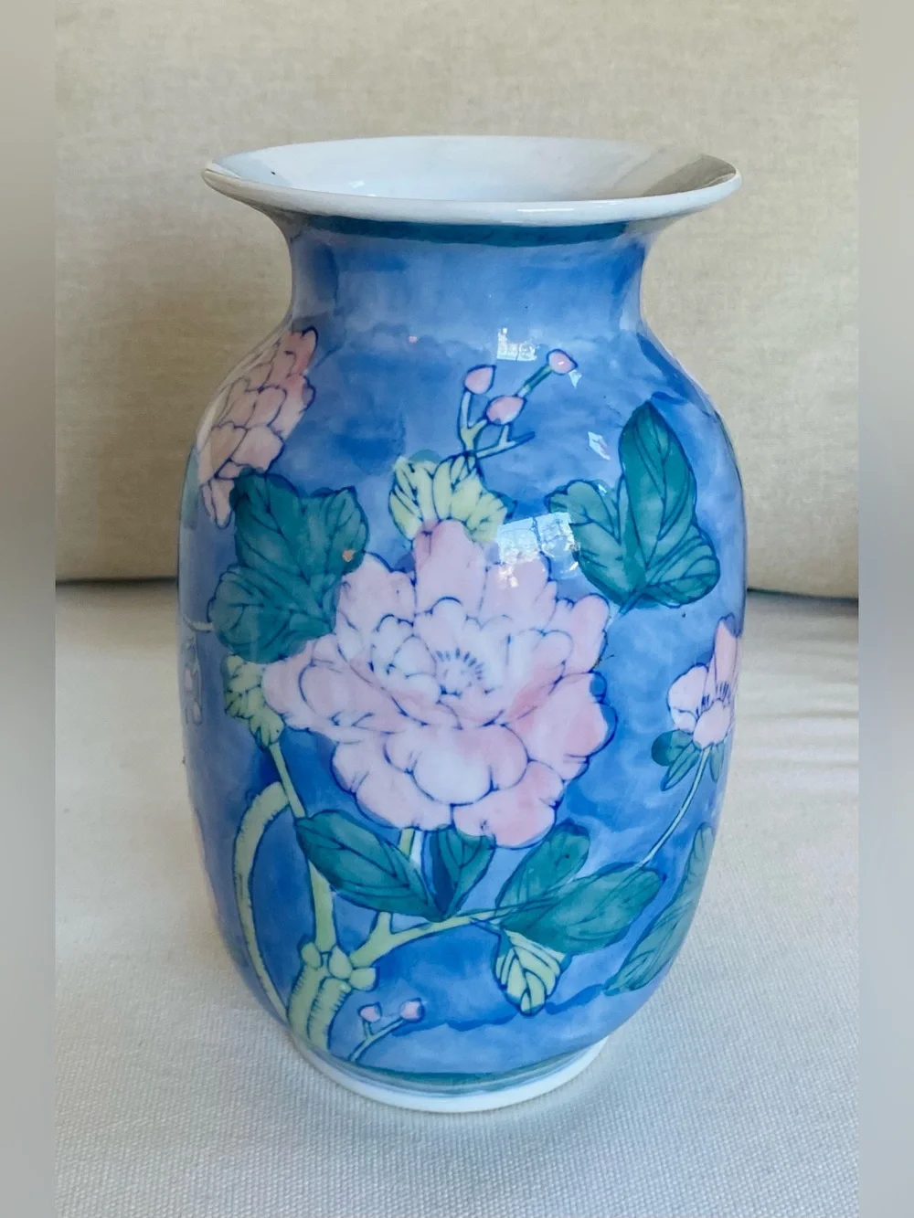 VTG Chinese Hand Painted Blue Pink Peony Flowers Porcelain Baluster Vase 8.5”